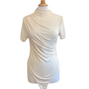 Ivory Short Sleeve Mock Neck Stretch Bodysuit, Drapey Gathered Detail, Size L